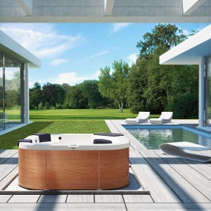 Italian Design Delfi – basen ogrodowy, 4-osobowy, z jednym miejscem leżącym, wymiary 190 x 190 x 80 cm.